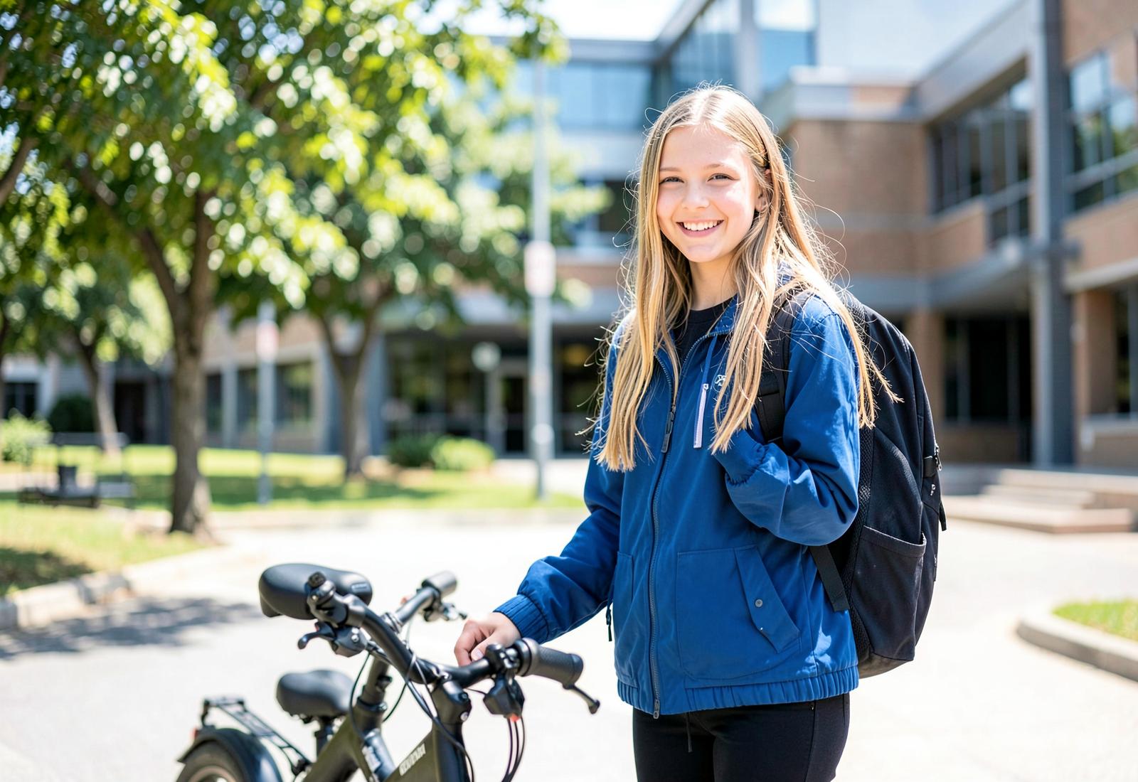 Student standing beside her e-bike outside a school campus